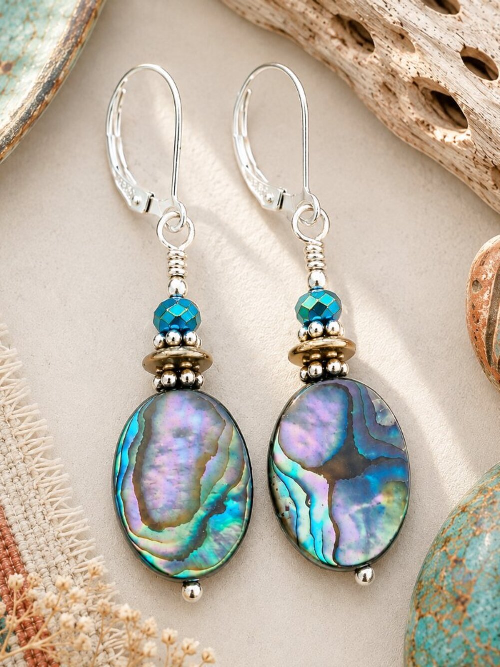 Abalone Earrings With Sterling Silver Leverback Earwires - Picture 5 of 11